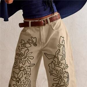Embroidered Mid Rise Beige Jeans for Women Baggy Boyfriend Jean Boho Barrel